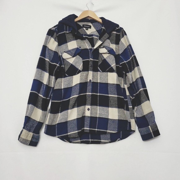BRIXTON Button Up Hoodie Flannel Shirt Mens M Navy Beige Long Sleeve‎ Shacket - Picture 1 of 10